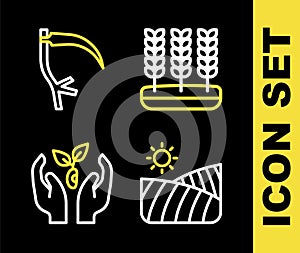 Set line Wheat, Agriculture wheat field, Plant in hand and Scythe icon. Vector