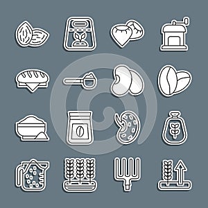 Set line Wheat, Bag of flour, Coffee beans, Seed, Measuring cup with, Bread loaf, and Beans icon. Vector