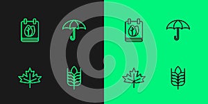 Set line Wheat, Canadian maple leaf, Calendar with autumn leaves and Umbrella icon. Vector