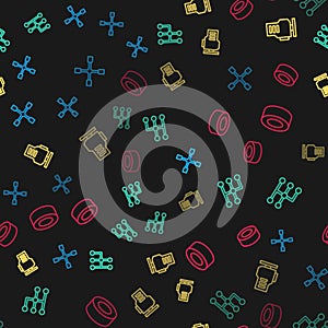 Set line Wheel wrench, Gear shifter, Check engine and Car tire on seamless pattern. Vector