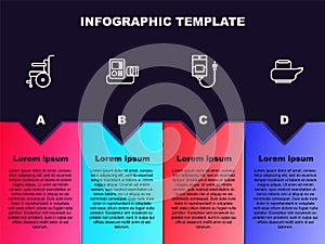 Set line Wheelchair for disabled person, Blood pressure, IV bag and Bedpan. Business infographic template. Vector