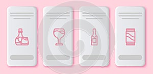 Set line Whiskey bottle and glass, Wine, Champagne and Beer can. White rectangle button. Vector