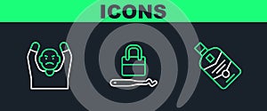 Set line Whiskey bottle, Thief surrendering hands up and Lock picks for lock picking icon. Vector