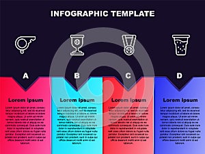 Set line Whistle, Award cup with baseball ball, Medal and Glass of beer. Business infographic template. Vector