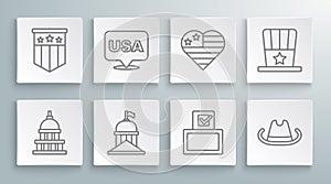 Set line White House, USA Independence day, Vote box, Western cowboy hat, Patriotic American top and flag icon. Vector