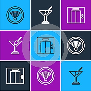 Set line Wi-Fi wireless, Lift and Martini glass icon. Vector