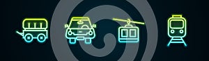 Set line Wild west covered wagon, Car, Cable car and Train and railway. Glowing neon icon. Vector