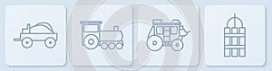 Set line Wild west covered wagon, Western stagecoach, Retro train and Detonate dynamite bomb stick. White square button. Vector