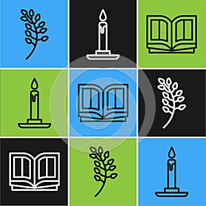 Set line Willow leaf, Holy bible book and Burning candle in candlestick icon. Vector