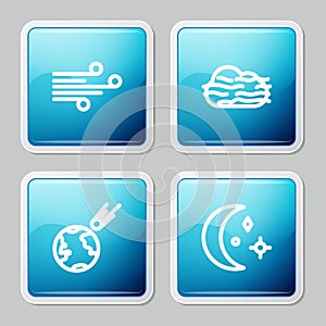 Set line Wind, Fog and cloud, Comet falling down fast and Moon stars icon. Vector