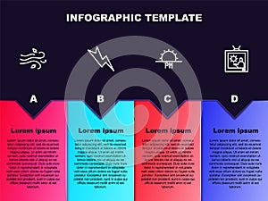 Set line Wind, Lightning bolt, Sunset and Weather forecast. Business infographic template. Vector