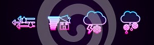 Set line Wind and rain, Tornado swirl, Cloud with snow lightning and . Glowing neon icon. Vector