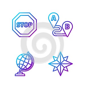 Set line Wind rose, Earth globe, Stop sign and Route location. Gradient color icons. Vector