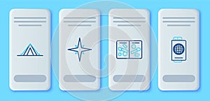 Set line Wind rose, Passport pages with visa stamps, Tourist tent and ticket icon. Vector