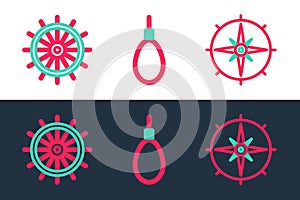 Set line Wind rose, Ship steering wheel and Gallows rope loop hanging icon. Vector