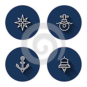 Set line Wind rose, Submarine, Anchor and Ship bell with long shadow. Blue circle button. Vector