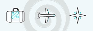 Set line Wind rose, Suitcase for travel and stickers and Plane icon. Vector