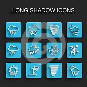 Set line Wind and sun, Tornado, Cloud with snow lightning, snow, rain,, Cloudy, Pinwheel and icon. Vector