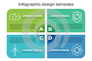 Set line Wind turbine, Battery, Gear and arrows as workflow and Recycle symbol inside shield. Business infographic