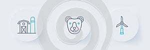 Set line Wind turbine, Bear head and Farm house icon. Vector
