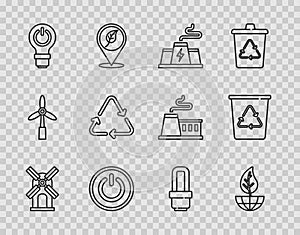 Set line Wind turbine, Earth globe and leaf, Power station plant factory, button, Light bulb with lightning, Recycle