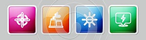 Set line Wind turbine, Factory, Solar energy panel and Lightning bolt. Colorful square button. Vector