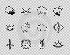 Set line Wind turbine, Sunrise, Cloud with rain, rose, Windy weather, and sun, Thermometer and Snowflake icon. Vector