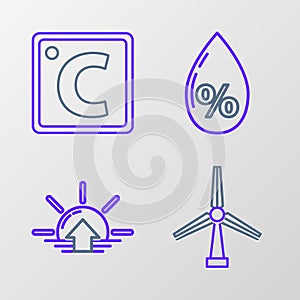 Set line Wind turbine, Sunrise, Water drop percentage and Celsius icon. Vector