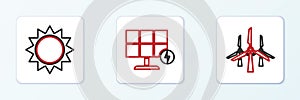 Set line Wind turbines, Sun and Solar energy panel icon. Vector