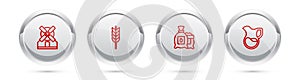 Set line Windmill, Wheat, Pack full of seeds of plant and Jug glass with milk. Silver circle button. Vector