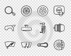 Set line Windscreen wiper, Car brake disk with caliper, wheel, mirror, door handle and Electric engine icon. Vector