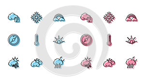 Set line Windy weather, Sun and cloud, Fahrenheit, Cloud with rain moon, Thermometer, Sunset, rose and Snowflake icon