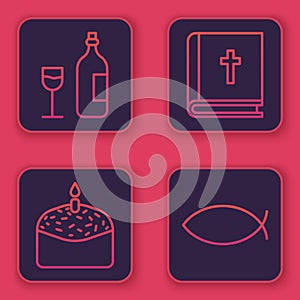 Set line Wine bottle with glass, Easter cake and candle, Holy bible book and Christian fish. Blue square button. Vector