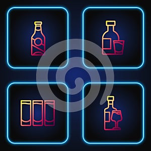 Set line Wine bottle with glass, Shot, Beer and Bottle of vodka. Gradient color icons. Vector