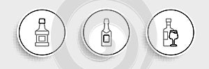 Set line Wine bottle with glass, Whiskey and Champagne icon. Vector