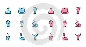 Set line Wine bottle with glass, Whiskey and, Tequila, Martini, Glass of beer, and whiskey icon. Vector