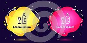 Set line Wine bottle with wine glass icon isolated on blue background. Happy Easter. Abstract banner with liquid shapes