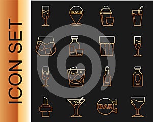 Set line Wine glass, Alcohol drink Rum, Glass of champagne, Cocktail shaker, whiskey, and with water icon. Vector