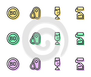 Set line Wine glass, Banner for bio, Steak meat and Tea bag icon. Vector