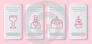 Set line Wine glass, Priest, Easter cake and candle and Burning candle. White rectangle button. Vector