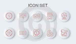 Set line Winning house with key, Casino chips, win, dollar, Coin money, Slot machine spin button, Stacks paper cash and