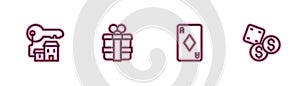 Set line Winning house with key, Playing card diamonds, Gift box and Game dice icon. Vector