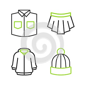 Set line Winter hat, Hoodie, Skirt and Shirt icon. Vector