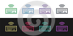 Set line Wireless computer keyboard icon isolated on black and white background. PC component sign. Internet of things