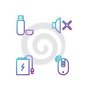 Set line Wireless computer mouse, Power bank with charge cable, USB flash drive and Speaker mute. Gradient color icons photo