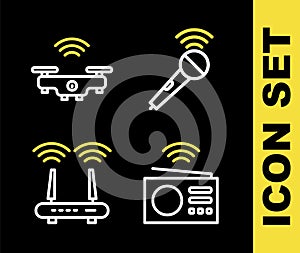 Set line Wireless microphone, Smart radio, Router and wi-fi signal and drone icon. Vector