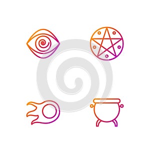 Set line Witch cauldron, Fireball, Hypnosis and Pentagram in circle. Gradient color icons. Vector