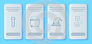 Set line Witch cauldron, hat, Bottle with love potion and Game dice icon. Vector