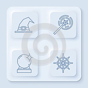 Set line Witch hat, Magic wand, Magic ball and Spider web. White square button. Vector