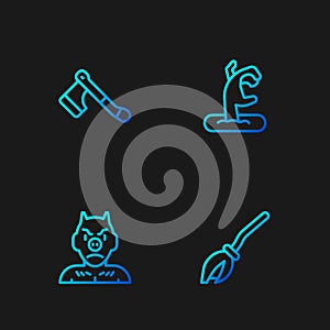 Set line Witches broom, Krampus, heck, Wooden axe and Zombie hand. Gradient color icons. Vector